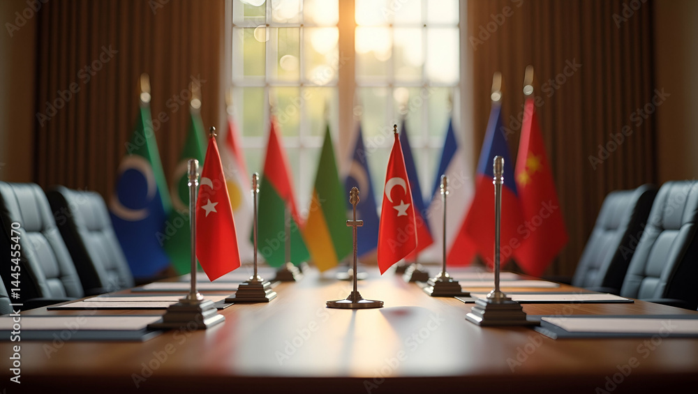 Aufkleber high-level meeting table with national flags and trade documents - capturing diplomacy and trade dia