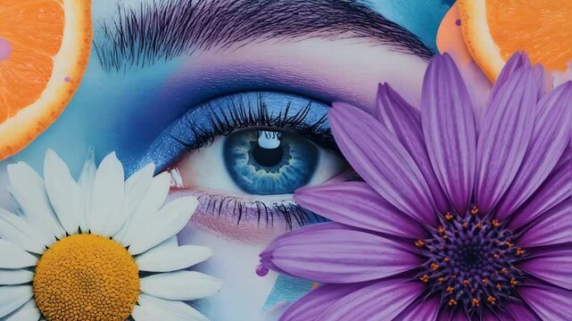 Modern moving collage. Woman eyes with bright makeup and flowers moving. Creative design. Y2K animated illustration.