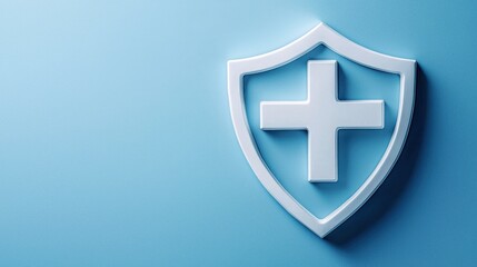 Obraz premium Protective Medical Shield Icon with Plus Sign on a Light Blue Background Representing Healthcare Safety and Medical Protection Concept