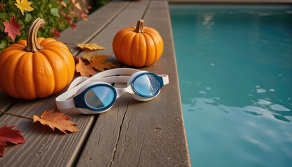 Autumn swimming goggles beside pumpkins and leaves, seasonal coziness