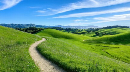 Fototapeta premium A scenic trail winds through vibrant green hills under a bright blue sky.