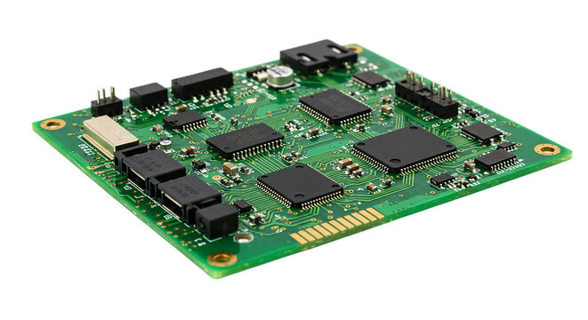 High-performance green PCB motherboard with black microchips and ports isolated on white background, perfect for electronics engineering visuals, computer hardware, and tech product design