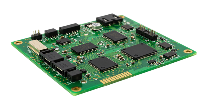 High-performance green PCB motherboard with black microchips and ports isolated on white background, perfect for electronics engineering visuals, computer hardware, and tech product design