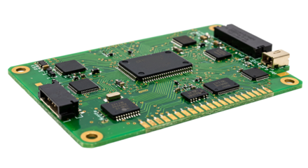 Green computer motherboard with microchips and connectors isolated on white background, perfect for tech repair visuals, electronic component designs, and circuit board engineering content