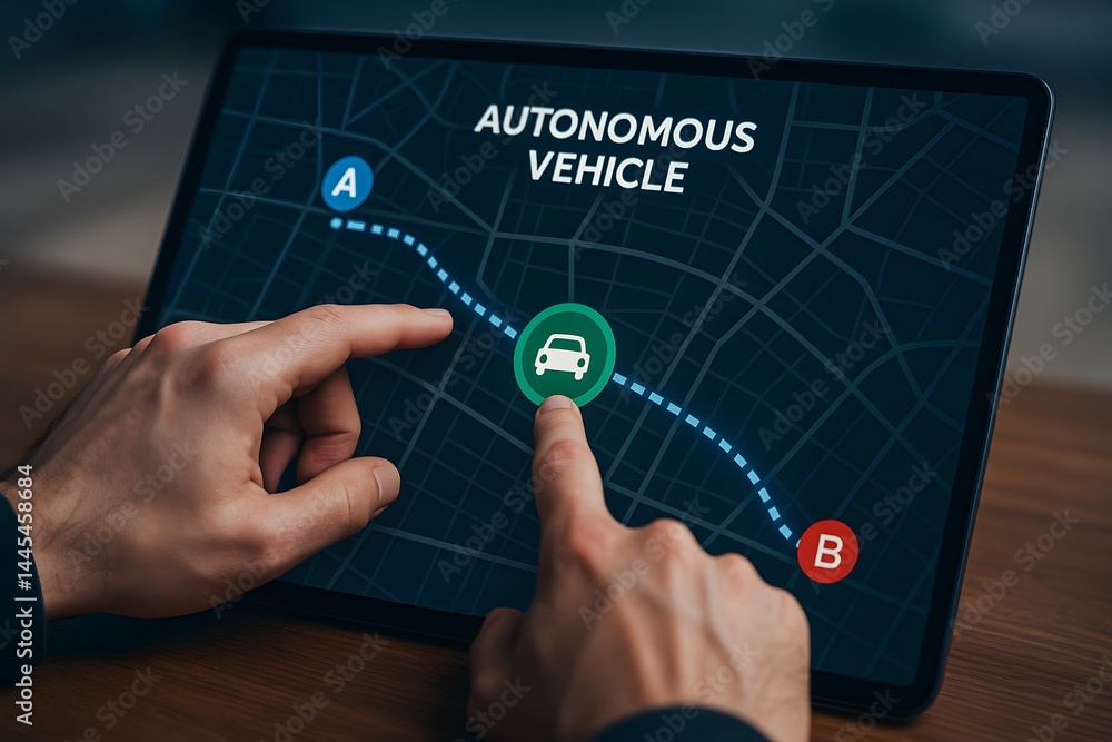 Poster a pair of hands taps a tablet showing an autonomous vehicle route from point a to b on a digital cit