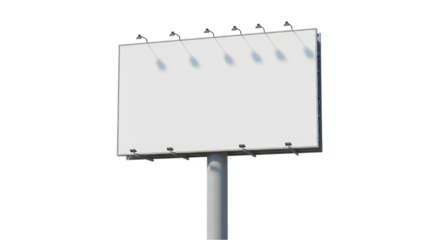 Blank outdoor billboard with spotlight fixtures isolated on white background, ideal for branding mockups, night advertising designs, promotional graphics, and highway billboard concepts