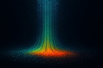 A vibrant cascade of multicolored data points streams downward in a funnel shape against a dark background. Concept of big data processing and analytical transformation.