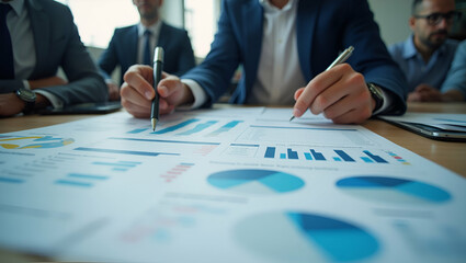 Policy Researcher Analyzing USA-Asia Trade War: Briefing Notes & Charts on Desk for Parliamentary Committee, Empty Space for Text, Professional Stock Photo