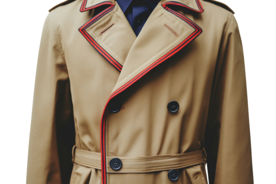Beige trench coat detailed close up red trim accents classic style textured fabric buttoned front