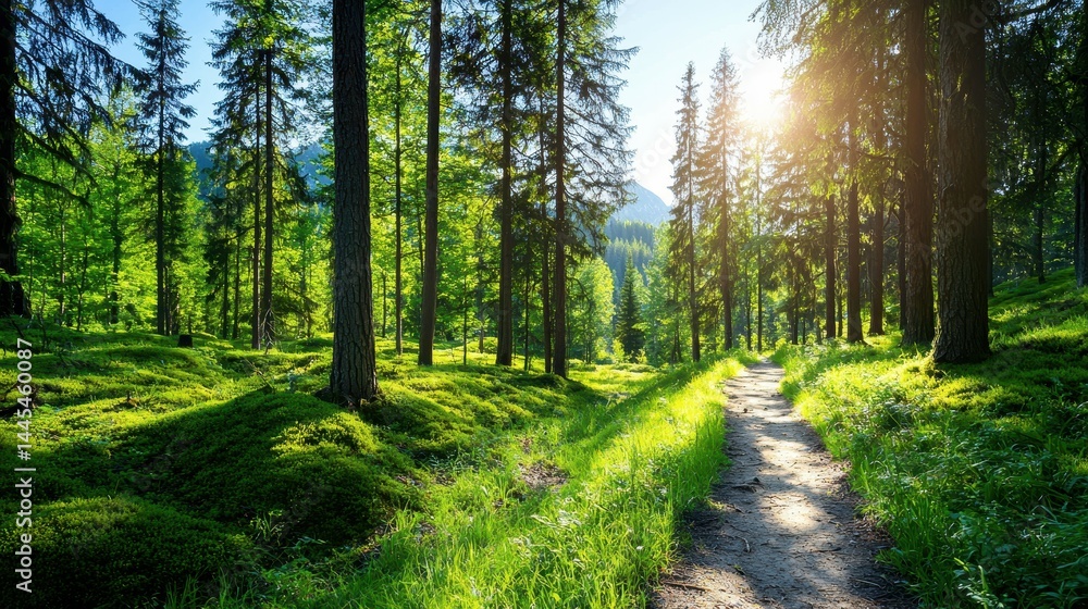 Poster lush green forest with sunlight filtering through tall trees and a tranquil path.