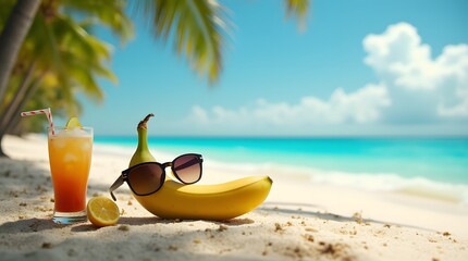 Obraz premium A banana in sunglasses on the sand against the backdrop of the ocean in sunny weather. Nearby on the sand is an orange-banana cocktail with a straw.