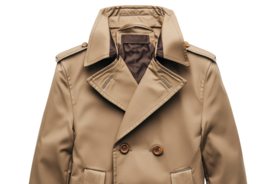 Stylish beige trench coat double breasted design crisp lines detailed stitching autumn fashion