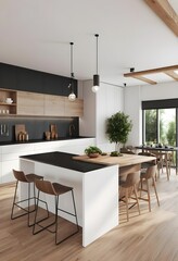 Fototapeta premium Modern Kitchen Interior Design with Island and Wooden Accents