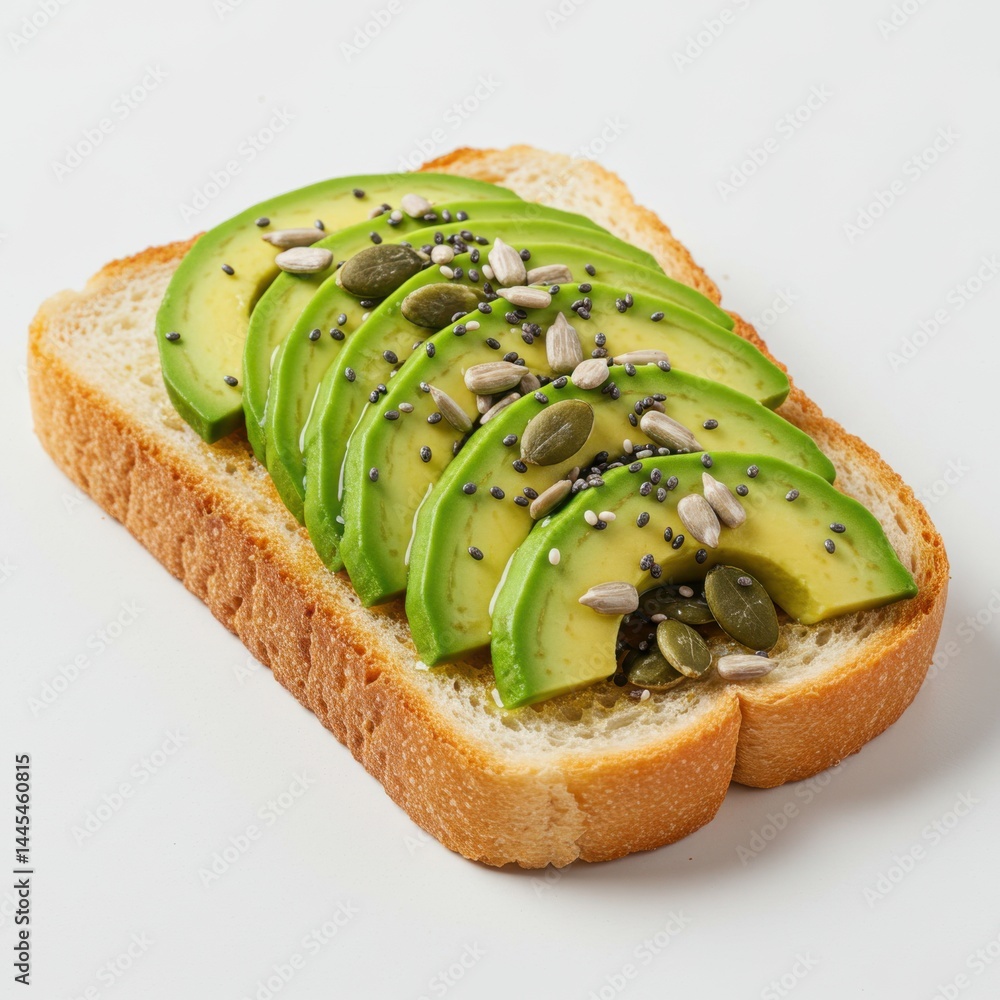 Poster a slice of bread topped with avocado slices and seeds on a white surface in a close up shot