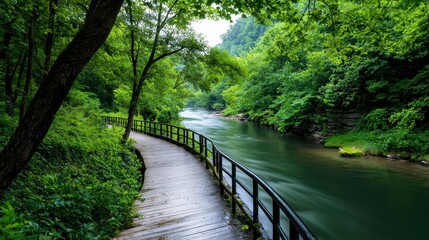 Fototapeta premium Serene wooded pathway along a gentle river, surrounded by lush greenery.