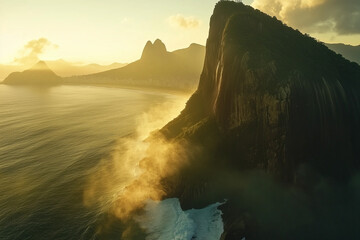 Aerial scene of Rio de Janeiro coastline with Sugarloaf Mountain at sunrise, Brazil adventure