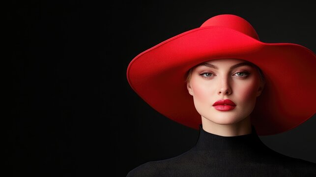 Woman in Red Hat Dramatic Fashion Photography, Studio Lighting, Close-up Portrait, Smooth Textures, Confident Pose, Dark Background, Bold Red Monochrome, Ideal for Fashion Magazines.