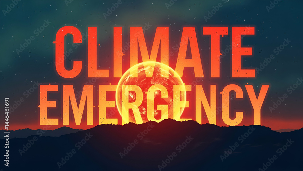 Poster dramatic infographic announcing climate emergency with bold red typography over jagged earth silhoue