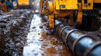 Industrial machine laying pipe in muddy construction site