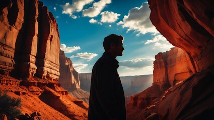 Man silhouette looks over canyon landscape with blue sky