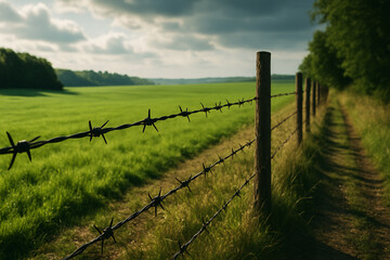 Grenzlinie &ndash; Stacheldraht in weiter Landschaft als Symbol der Abgrenzung Borderline &ndash; Barbed Wire in Open Landscape as Symbol of Division