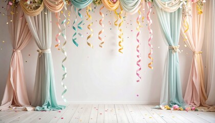 Birthday party confetti background, festive ribbons and streamer paper spiral stripes background, graphic resource