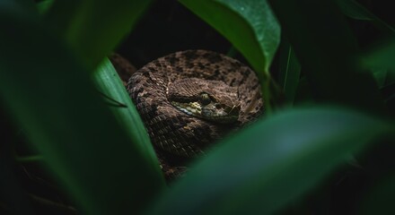 Closeup Of A Camouflaged Reptile Hidden Among Lush Leaves