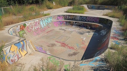 Abandoned skatepark filled with graffiti.  Overgrown weeds surround the concrete bowl