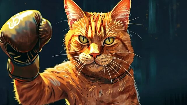 Stern red cat wearing boxing gloves