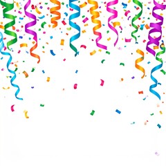 Birthday party confetti background, festive ribbons and streamer paper spiral stripes background, graphic resource