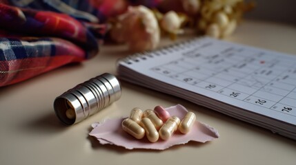 Medication and pills scattered on a table with a calendar and flowers in the background