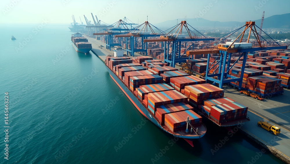 Poster aerial shot of congested container port illustrating freight delays usa with gridlocked cargo ships 