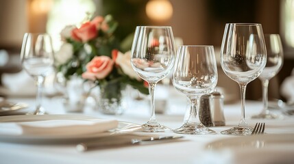 Table setting with flowers, glasses, plates, silverware, elegant, warm lighting