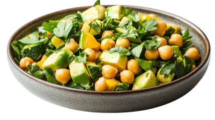 chickpea and avocado salad on white background