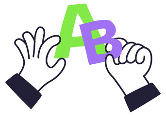 Illustration of hands holding colorful letters A and B, symbolizing learning and creativity.