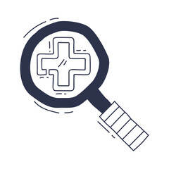 A magnifying glass focusing on a medical cross, symbolizing healthcare scrutiny.