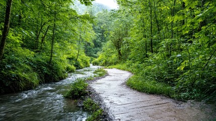 Fototapeta premium Serene landscape of a winding path beside a flowing stream in a lush green forest.