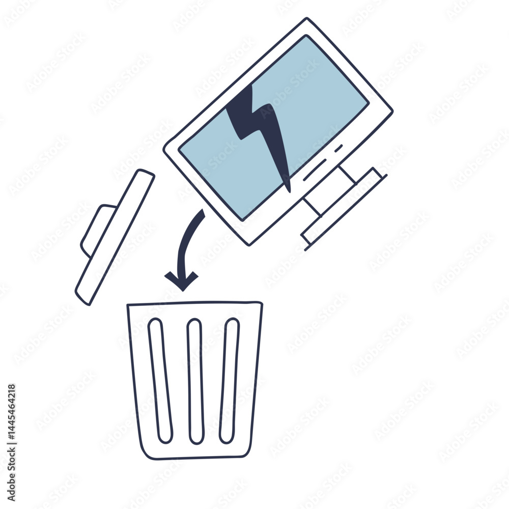 Poster a broken computer monitor falling into a trash bin symbolizes obsolescence.