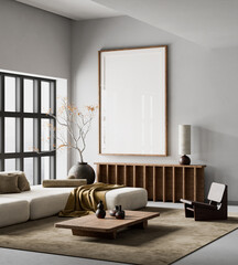 living room interior mock up with modern furnitures. Poster frame mock up in modern interior design. 3D illustration
