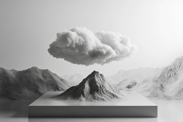 A grayscale 3D render depicting a single cumulus cloud hovering over a miniature mountain range on a reflective surface.