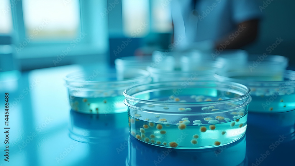 Poster close?up of water bacteria test workflow showing petri dishes with bacterial colonies developing aft