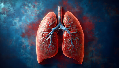 Human lungs. Cancer and respiratory diseases of the pulmonary system. The science of pulmonology in the treatment of tuberculosis, asthma and bronchitis. 3D organ with a red and blue background.