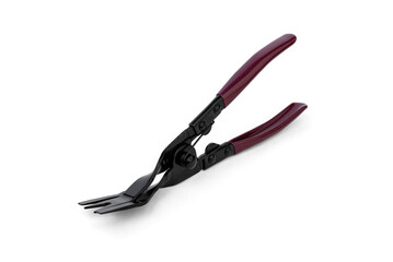 Car door handle panel trim fastener retainer clip removal isolated on white background.