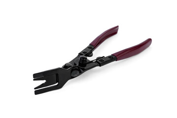 Car door handle panel trim fastener retainer clip removal isolated on white background.