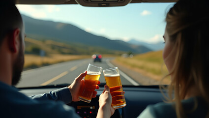 Scenic Road Trip Adventure: Friends Clinking Beer Bottles Against Winding Mountain Highway Vista - Photo Stock Concept with Empty Space for Text