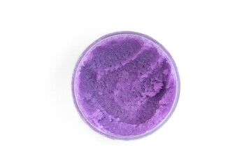 Purple sugar or salt body scrub isolated on white background.