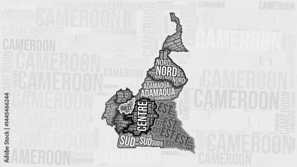 Poster cameroon animation. visual effect of cameroon regions appearing in black and white word clouds style