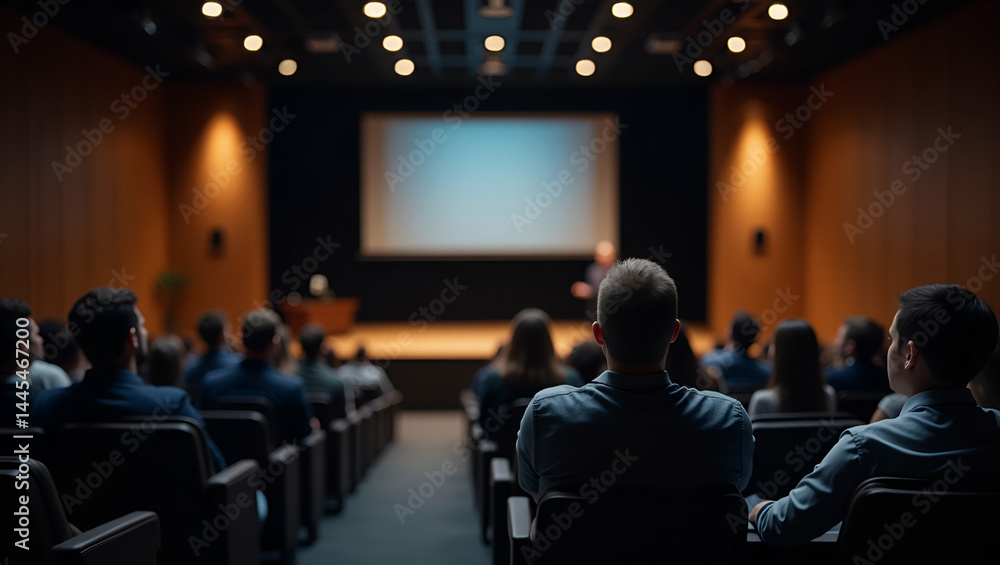 Poster professional development seminar: engaging audience in auditorium with expert speaker presenting adv