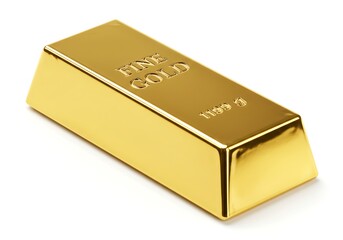 A single gold bar with fine gold inscription on a white background in a studio shot close up view