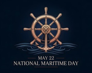 This graphic celebrates National Maritime Day on May 22nd with a vintage-style illustration of a steering wheel and anchor on dark navy background.